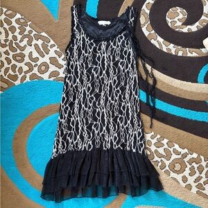 A'Reve Elegant Black Lace Ruffle Bow Dress with White Floral Design